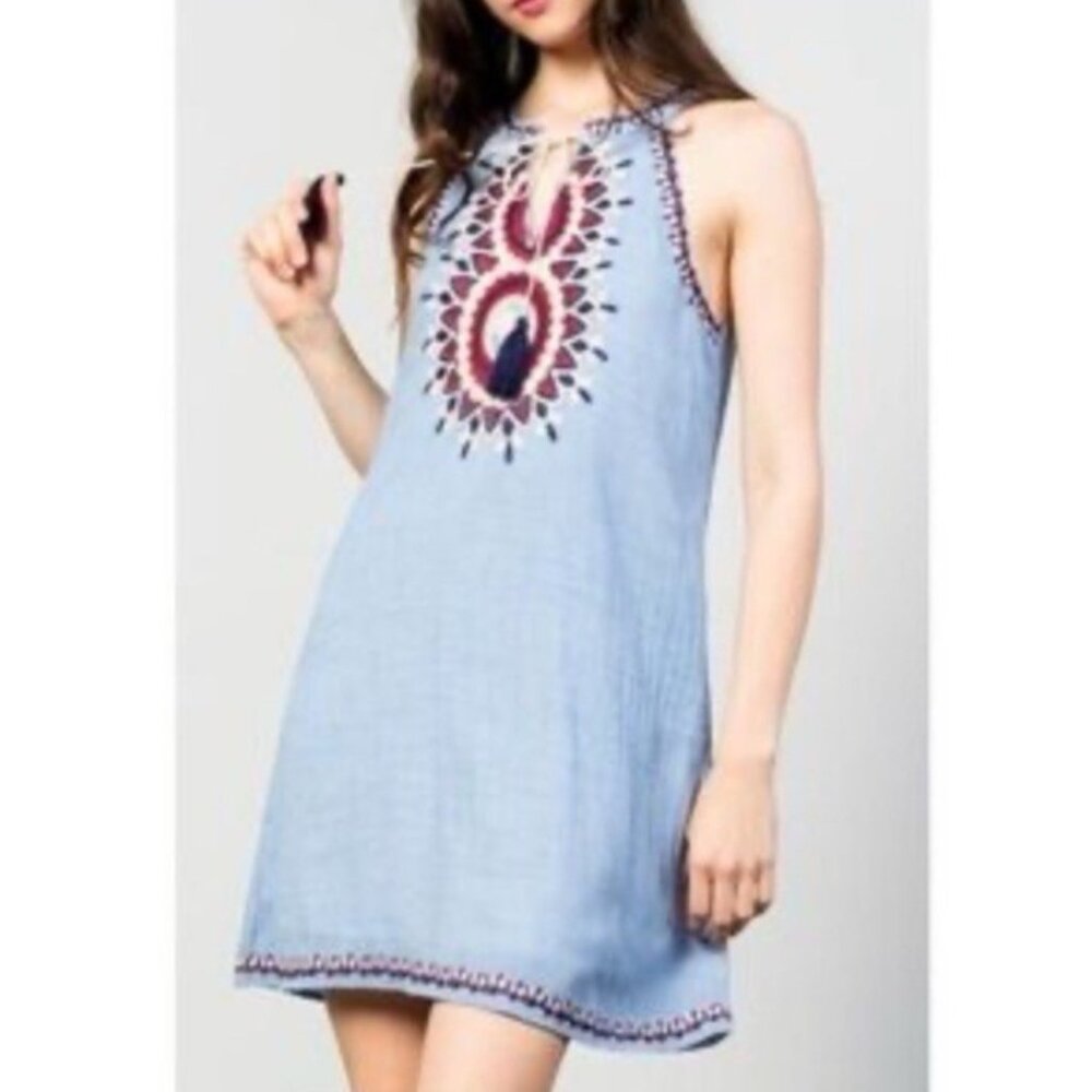 THML Dress Blue S Small Tassel Tie Embroidered Shift Washable Summer Sleeveless